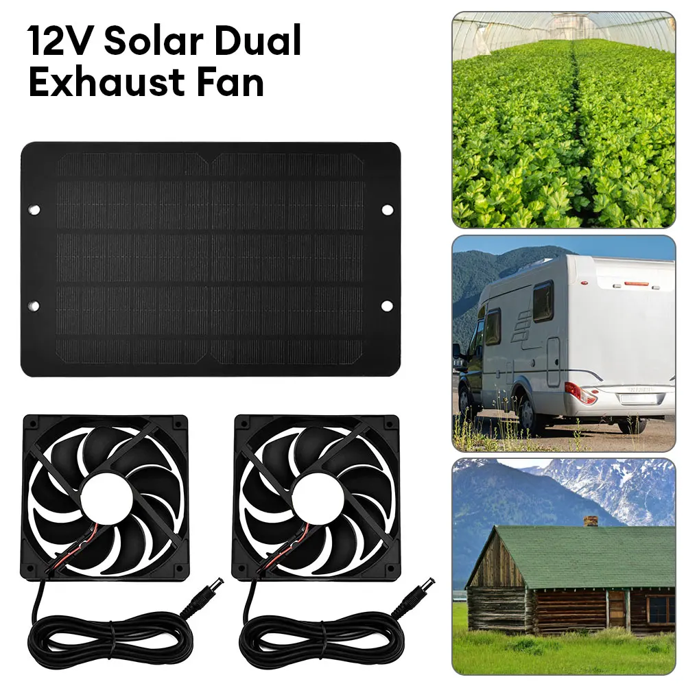 12V Solar Dual Exhaust Fan Mini Ventilator 10W Solar Panel Powered Fan Solar Panel Charger Waterproof Fans For Dog Chicken House