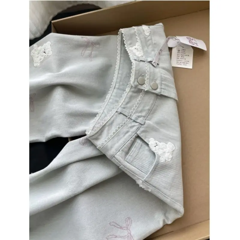 Urso bordado design cintura alta perna larga jeans verão solto ajuste calças compridas femininas coreano sle commute ket detalhe