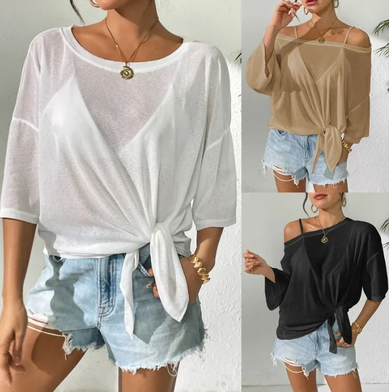 

Women's Solid Color Thin Top with Bow Tie Loose Beach Bikini Cover-up