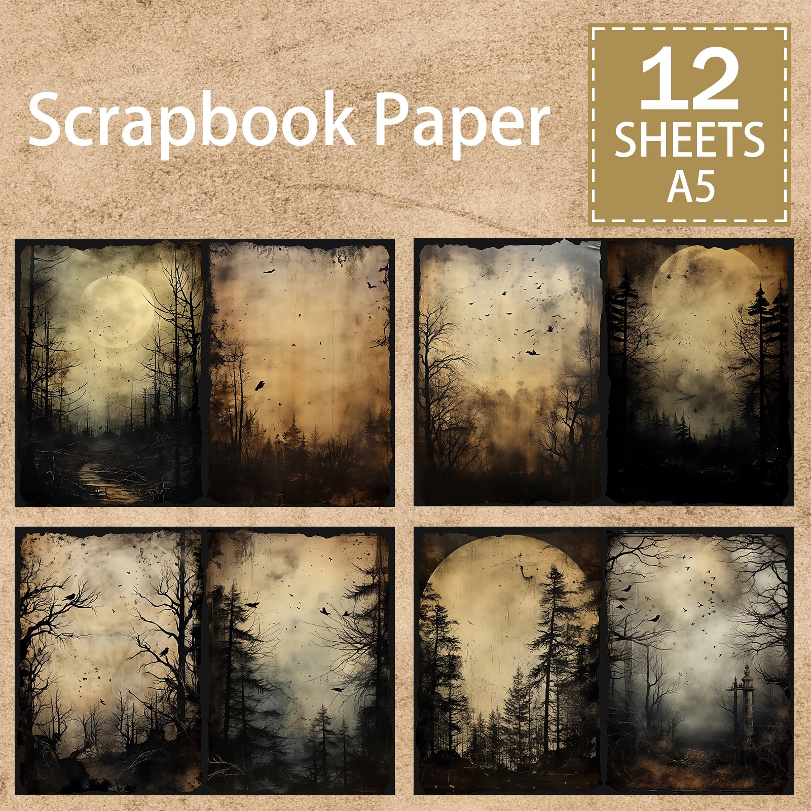 Halloween escuro floresta gótica fundo, Jornal Grunge Vintage, Planejamento Scrapbooking, Tamanho A5, 12 folhas