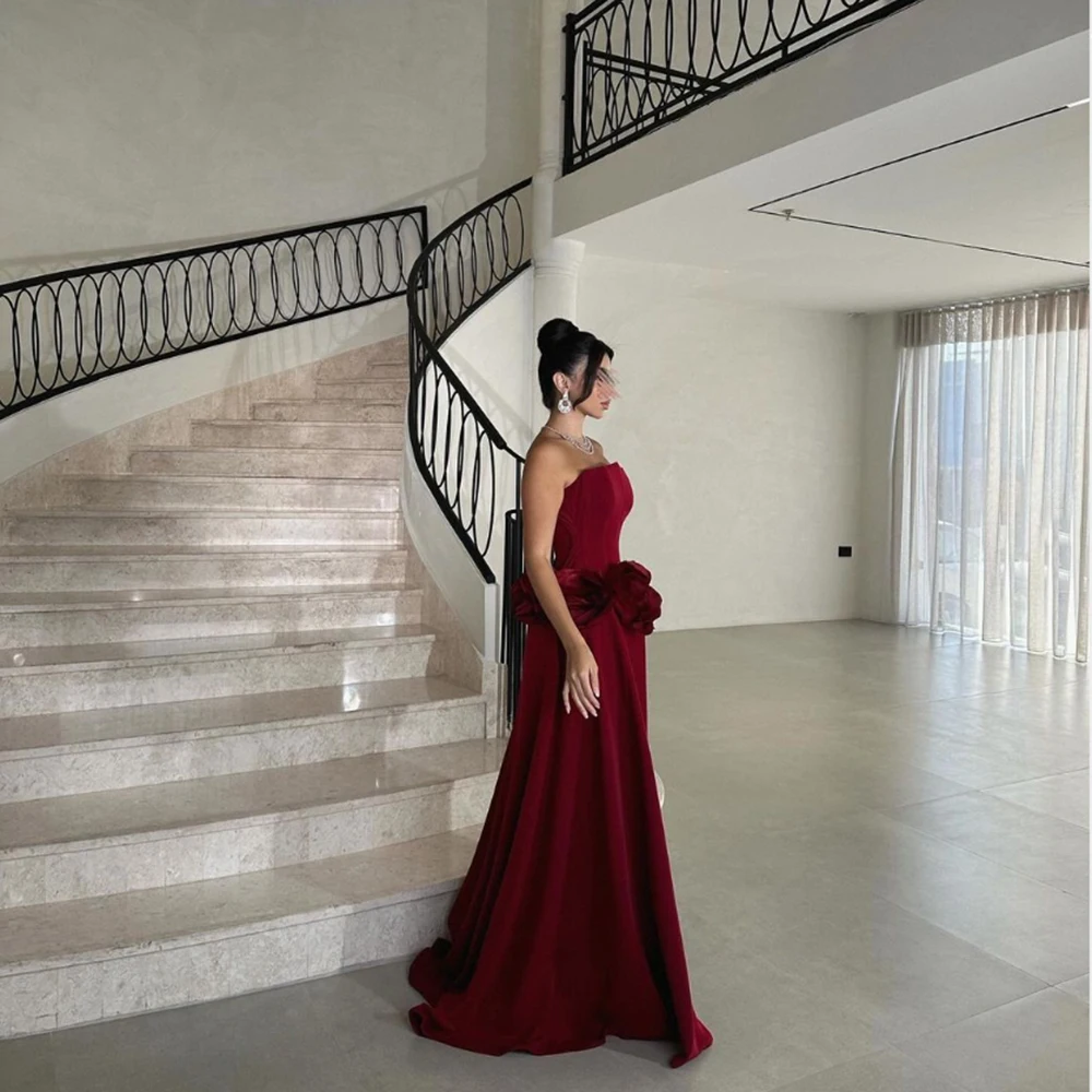 

Customized Simple Burgandy Flower Appliques Strapless A-line Evening Dresses Sexy Backless Floor Length Jersey Prom Gown