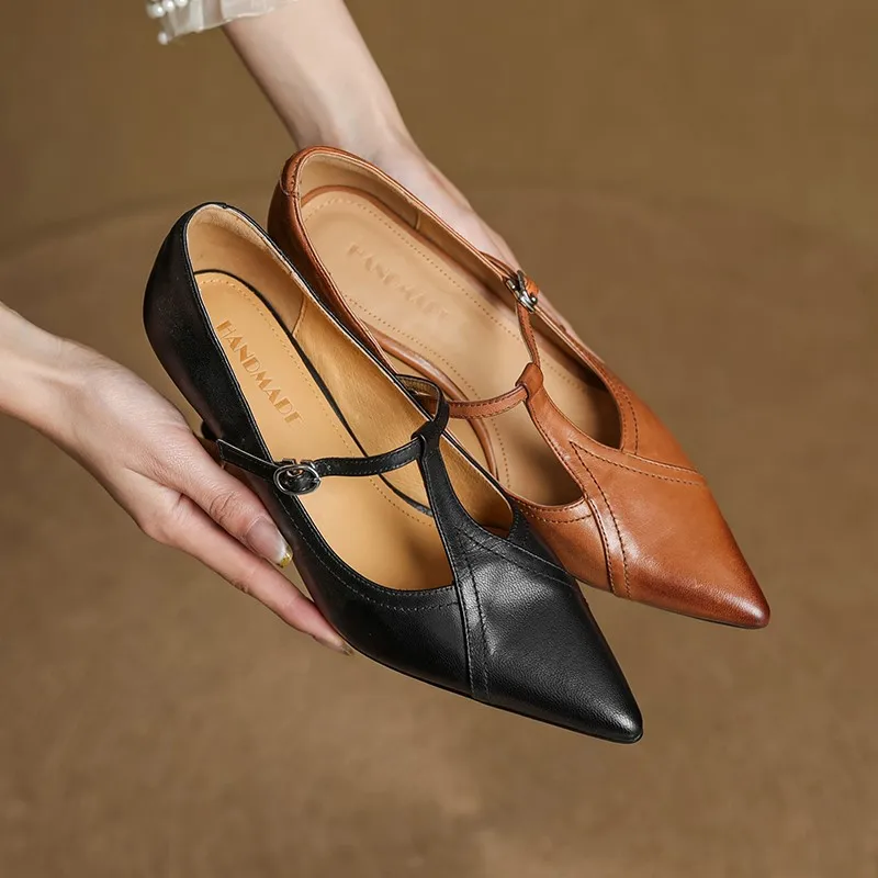 Dilalula 2025 Genuine Leather Office Ladies Pumps Pointed Toe T-strap Thin High Heels Mary Janes Leather Shoes For Women Dress