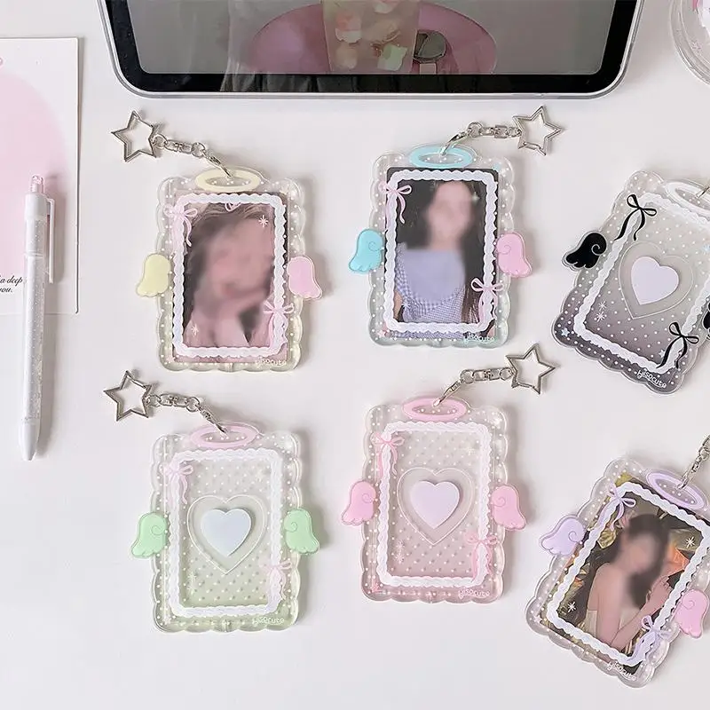 Acrylic Kpop Photocard Holder Keychain Cartoon Wings Love-heart Card Holder 3 Inch Transparent Idol Card Display Protector