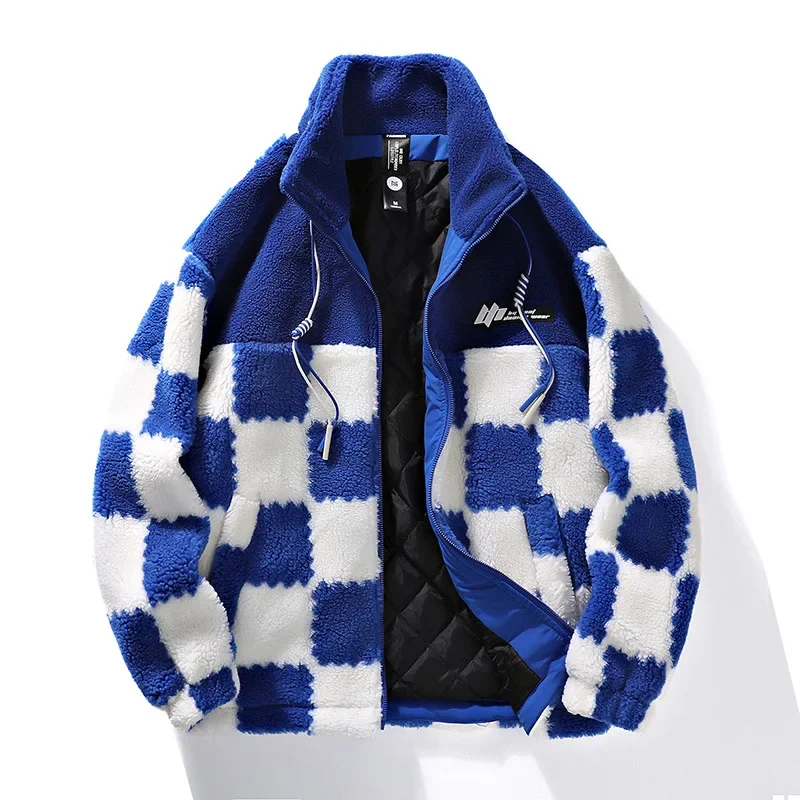 Men's Fleece Coat Women Loose Fashion Plaid Graphic Zipper Jacket Winter Soft Warm Harajuku Turtleneck Male Fleece Coats