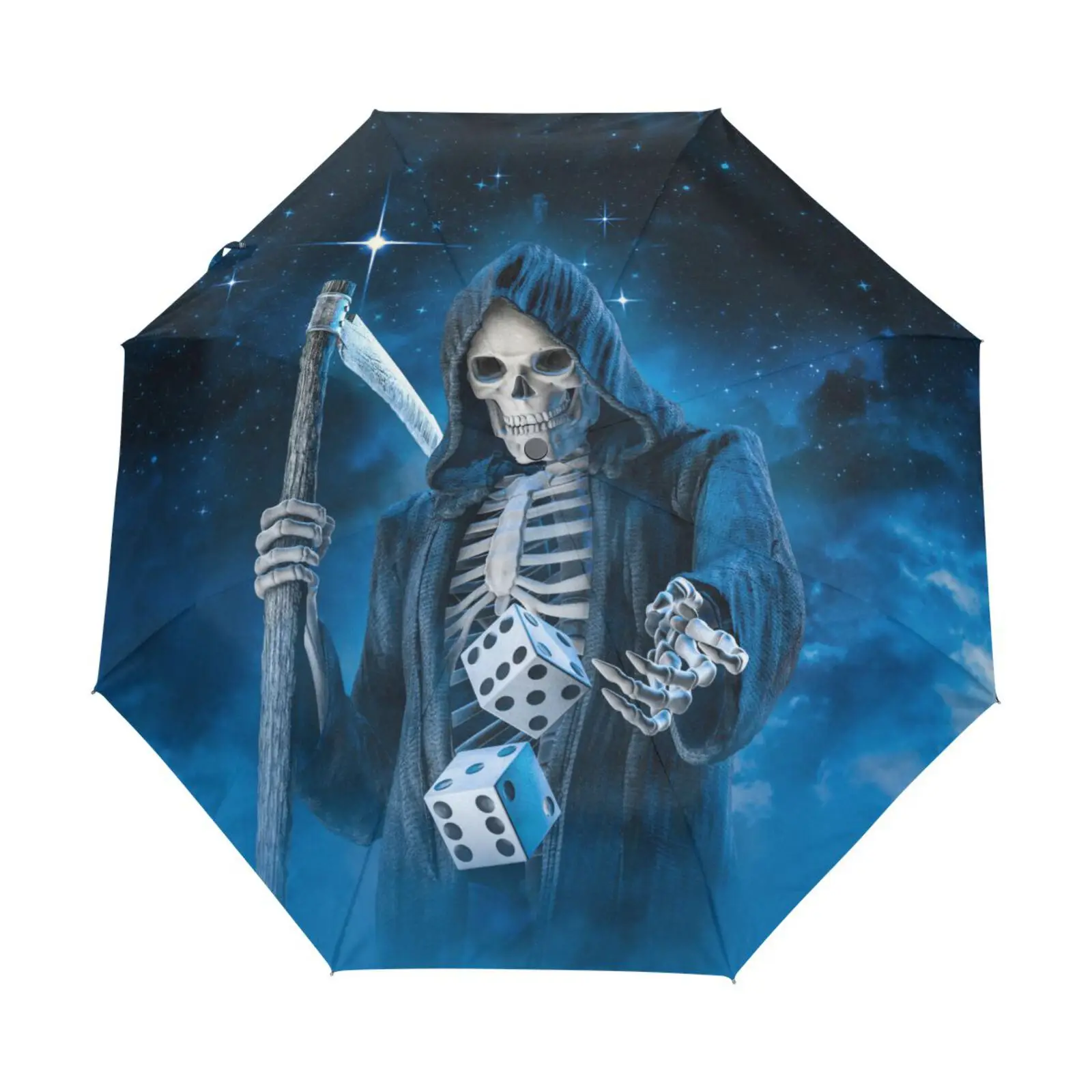 Death Throwing Dice Skull Automatic Umbrella Male Portable Three Folding Women's Rain Umbrella Parasol Black Coating Parapluie