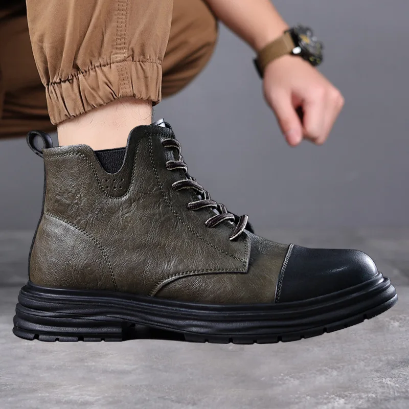 Trendige Herrenstiefel Thi Bot oes ort Booties Large Head Briti Sle Winter Faion Lässige Lederstiefel