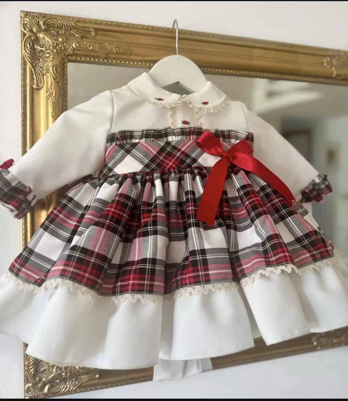 

0-12Y Baby Girl Autumn Winter Red Plaid Vintage White Dress for Birthday Photography Holiday Eid Christmas C351