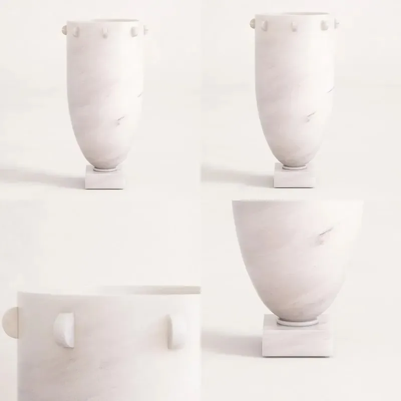 White Natural Marble Side Table with Vase Sculpture and Studs Square Base Decorative Table for Dream Home Decoration
