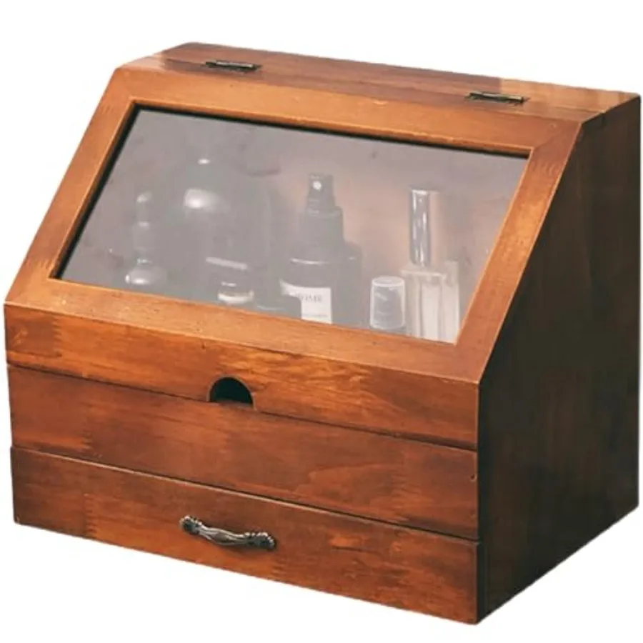 

Vintage Tabletop Organizer with Glass Top Compartment -2-Tier Display Cabinet for Desk - Wooden Desktop Storage Box with Drawer