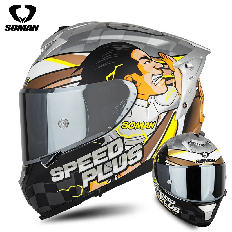 SOMAN SM961-S Newly Upgraded Motorcycle Racing Helmet Men's and Women's Four-season Double Lens Tail Full Helmet DOT Certified