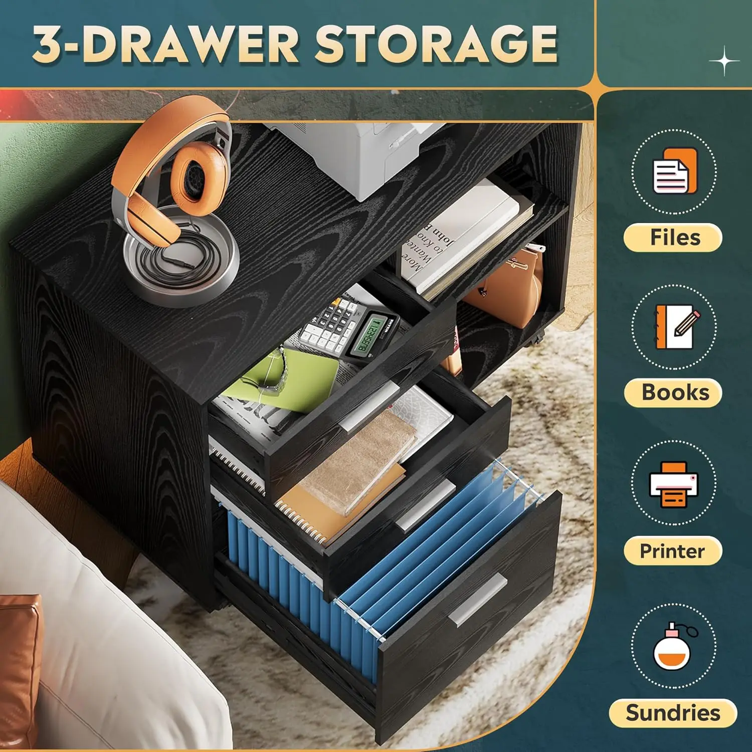 خزانة ملفات متنقلة ذات 3 أدراج، خزانة ملفات جانبية خشبية، حامل طابعة مع أرفف مفتوحة للمكتب المنزلي، أسود #4