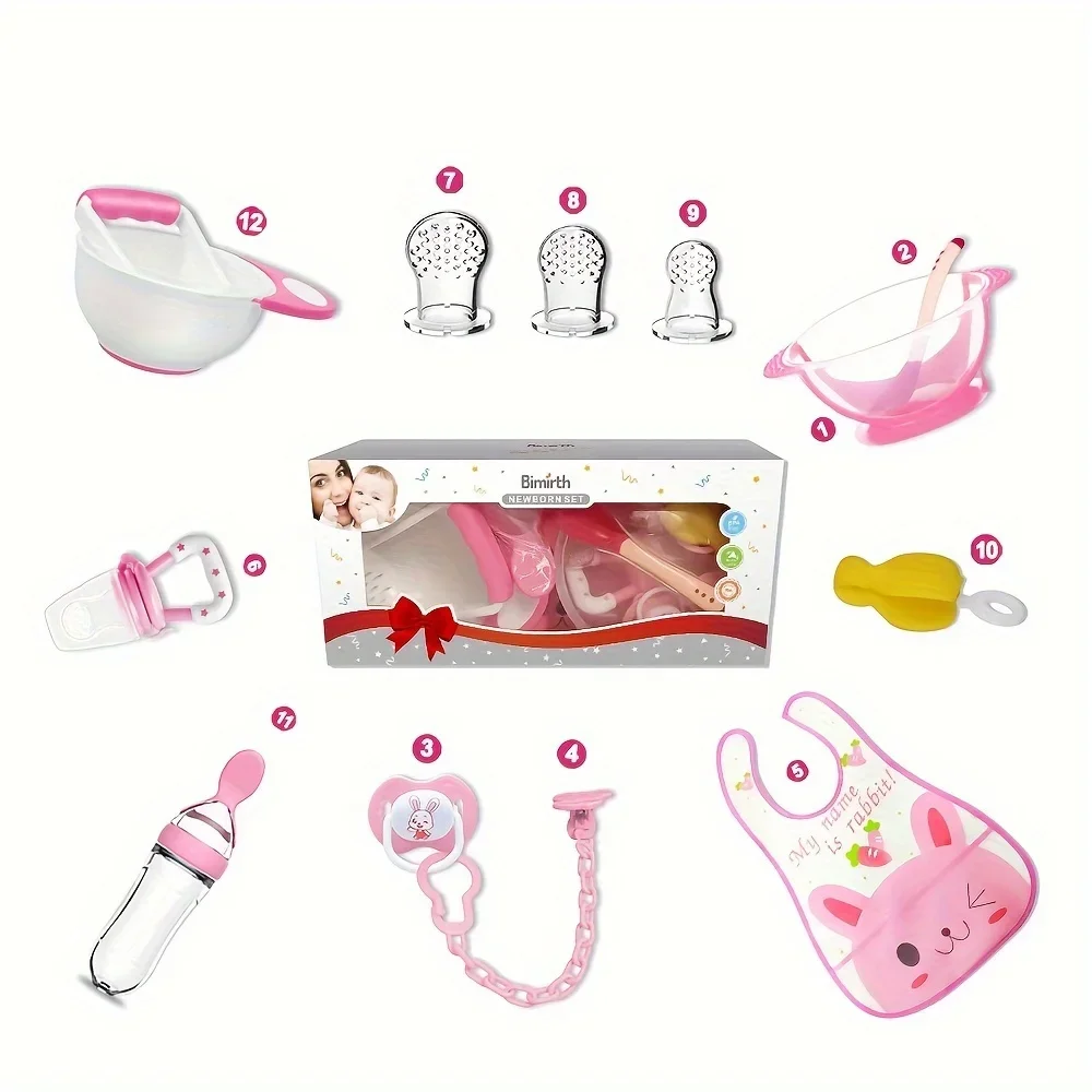 Baby Food Mill Set, 12 Piece Baby Feeding and Self-Feeding Set for 0-3 Years - Nipple Clips, Bottle Feeder and Waterproof Bibs