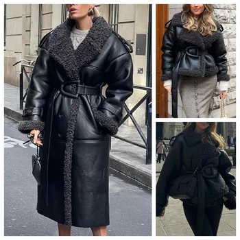 Image Faux Fur Leather Long Jacket Women Lapel Long Sleeve Belt Thicken Female Coats Winter Fashion Street Patchwork Lady Outwear