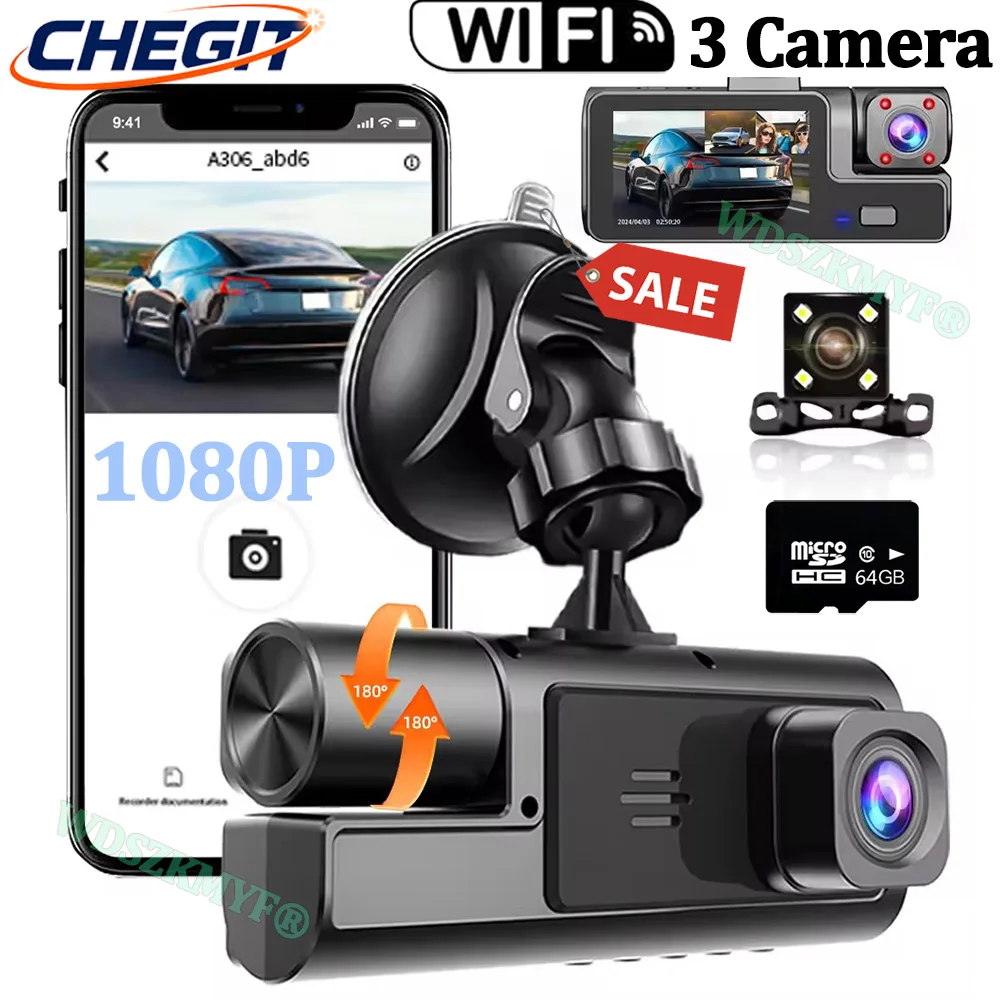 3 câmera traço cam wifi app dvr gravador com ir visão noturna gravação em loop & 2 "tela ips 1080p, gravador de vídeo, veículo dvr