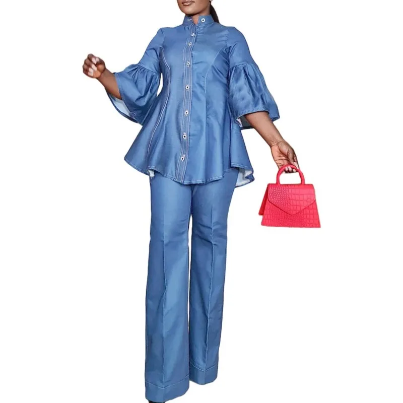 Two Piece Set Women 2025 Autumn Elegant Blouse Turtleneck Single Breasted Butterfly Sleeve Top Straight Pants Suit Casual Outfit