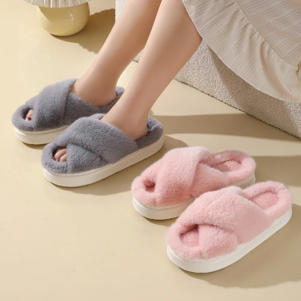 Thick-Soled Women Plush Cross-Strap Slippers Cozy And Fluffy Non-Slip Winter Furry Slippers Soft And Skin-Friendly Warm