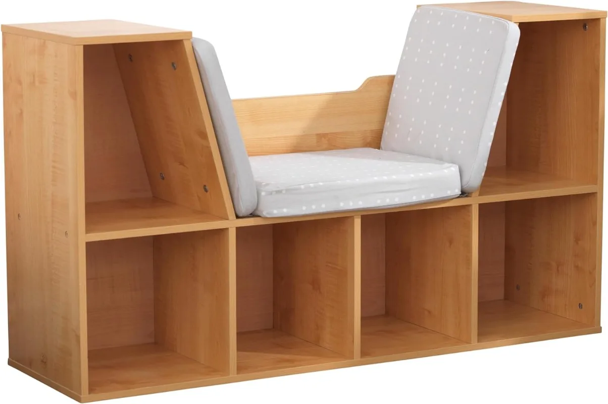 KidKraft Wooden Bookcase with Reading Nook, Storage and Gray Cushion - Natural