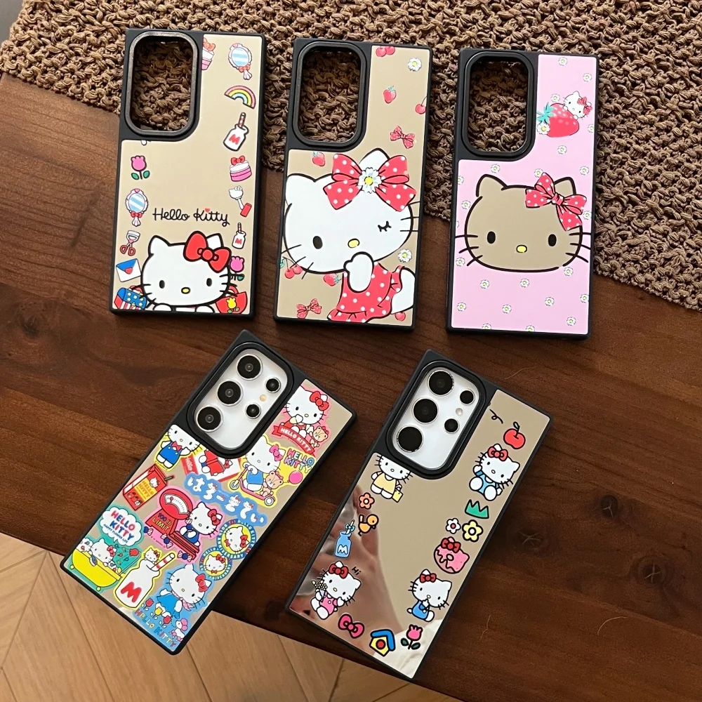 

Luxury Mirror Hello Kitty Cat Stickers Phone Case for Samsung Galaxy S25 Ultra 23 S24 Plus 24Ultra Coque