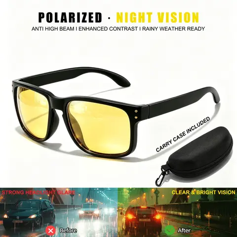 Polarized Night Vision Glasses Anti High Beam Glare Yellow Lens UV400 Lightweight Eyewear for Night Driving Cycling Rainy Road