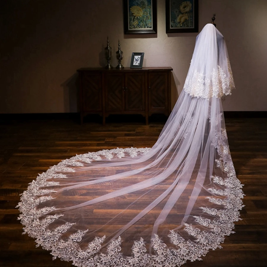 New Arrival Ivory Cathedral wedding veils for bride 3D Flowers Velos de novia Sexy Bridal Veils velo nupcial Long Veil