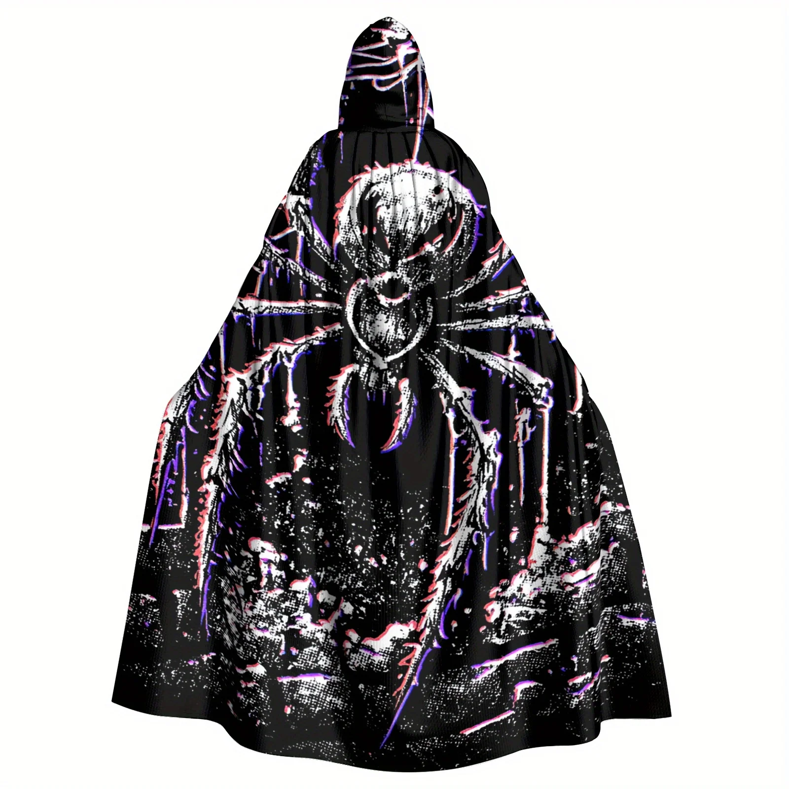 Vintage Gothic Spider Hooded Cape for Adults - Black with Purple & Blue Web Design, Machine Washable, Perfect for Horror