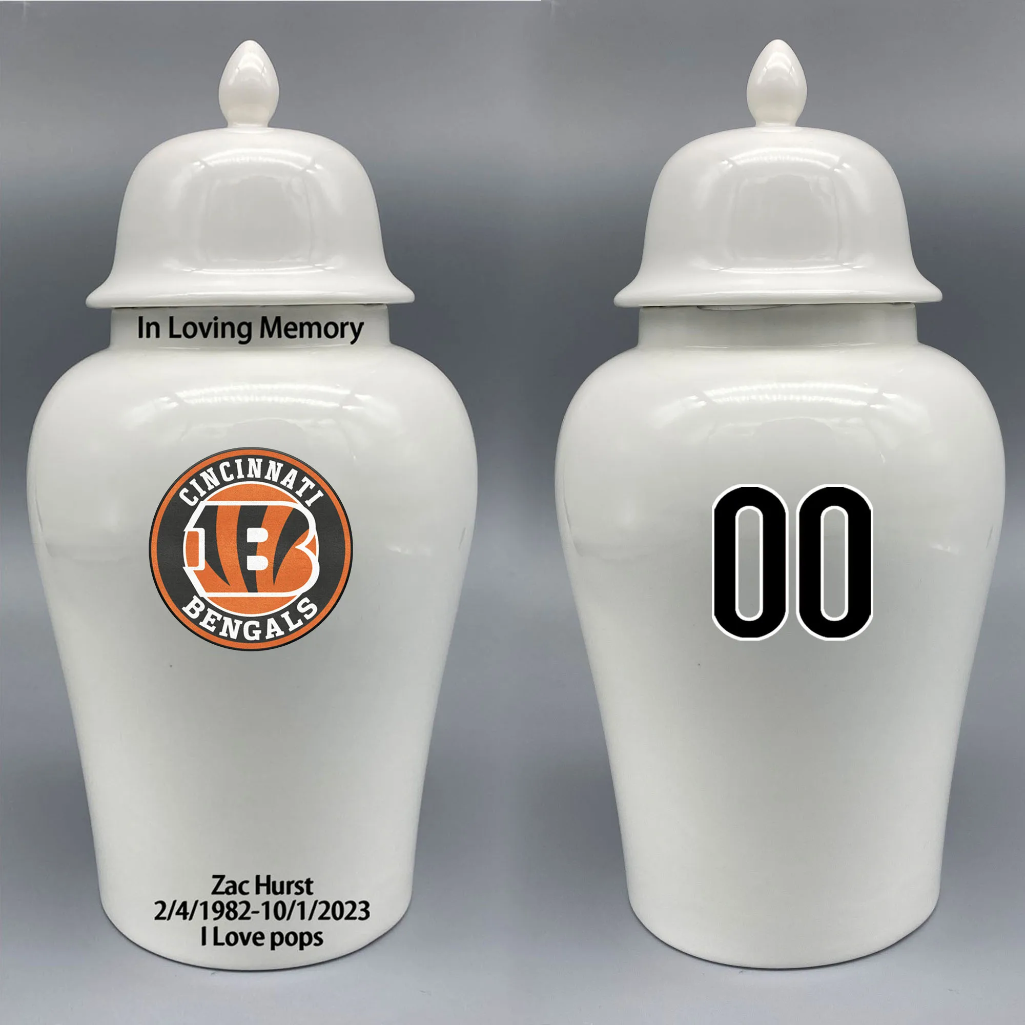 

Large Urn for Cincinnati Bengals-themed Logo Urn.Please send me the customize information-name/date and number on the urn