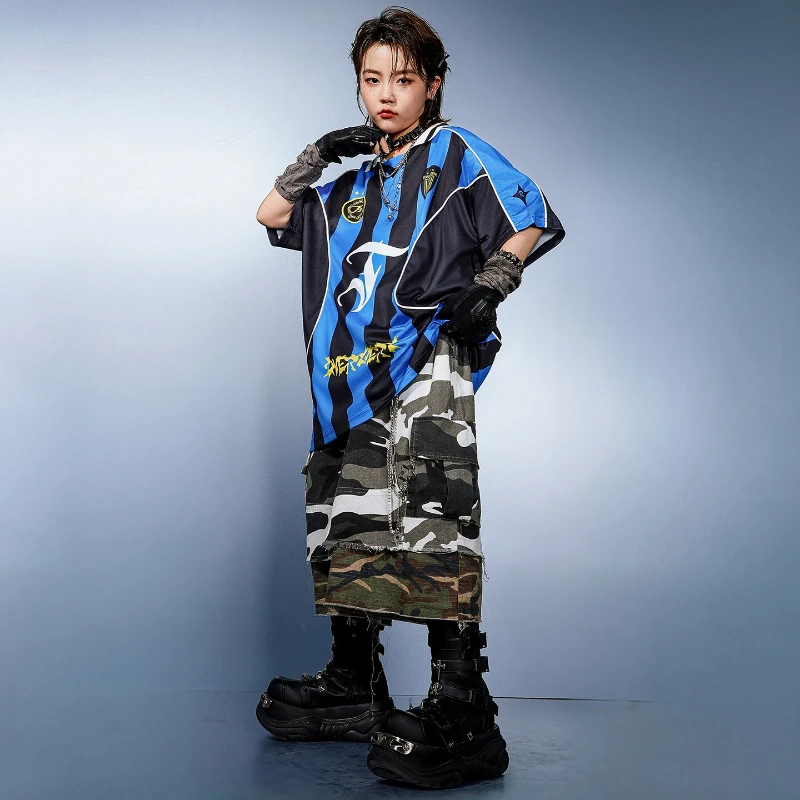 Vêtements de danse de rue Hip Hop pour garçons, t-shirts amples à rayures, short camouflage Hip Hop, Streetwear, Costumes de danse Jazz de groupe, vêtements de scène