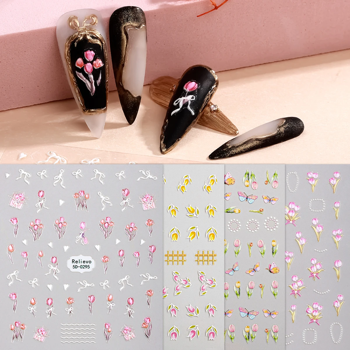 

4pcs 5D Pink Tulips Nail Stickers Spring Flowers Bow Butterfly Pearl Adhesive Nail Art Decal Decoration DIY Manicure Accessory