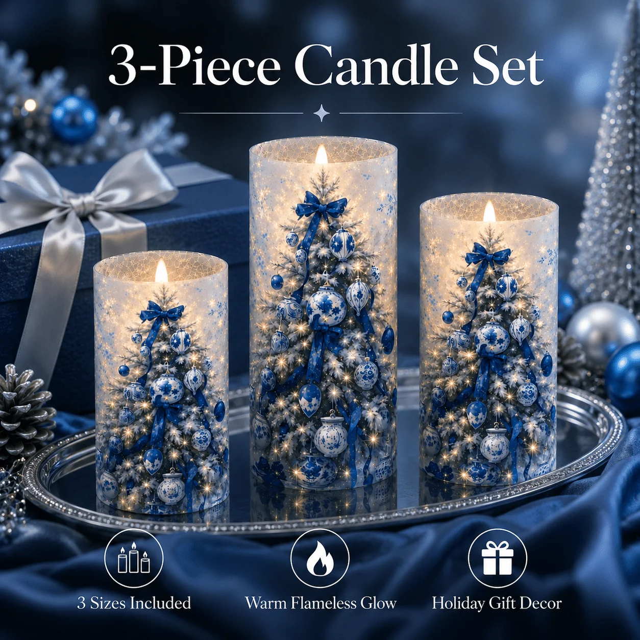 3pcs Blue And White Porcelain Christmas Flameless Candles, Elegant Snowy Tree Pattern Flickering Candle Lights, Holiday Table Centerpiece Decor for Living Room, Fireplace Mantel, Bedroom & Winter Home Decoration