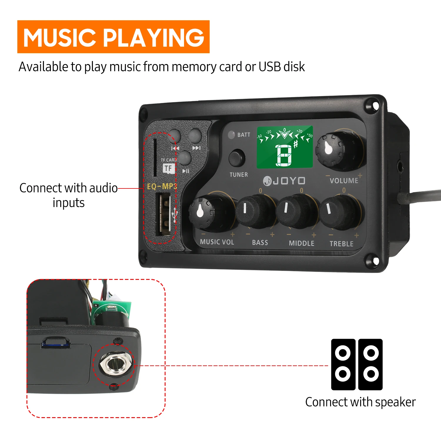 JOYO EQ-MP3 3-Band EQ Equalizer System Acoustic Guitar Preamp EQ Equalizer Piezo Pickup LCD Tuner Amplifier