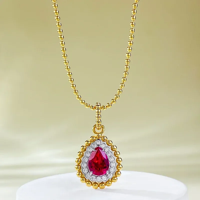 

S925 Silver New Bohemian Pear Shaped 6 * 8mm Water Drop Simulation Pigeon Blood Red Pendant Women's marry Jewelry