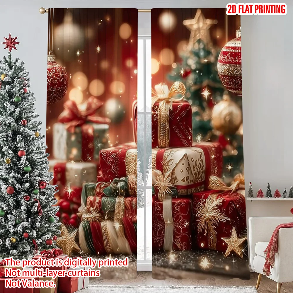 

2pcs 2D flat printing Merry Christmas Drapes Christmas trees and gifts Versatile Durable Polyester Without Electricity Festive