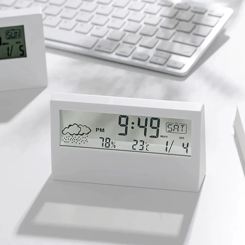 Reloj despertador de escritorio LED silencioso reloj electrónico meteorológico inteligente calendario perpetuo escritorio transparente
