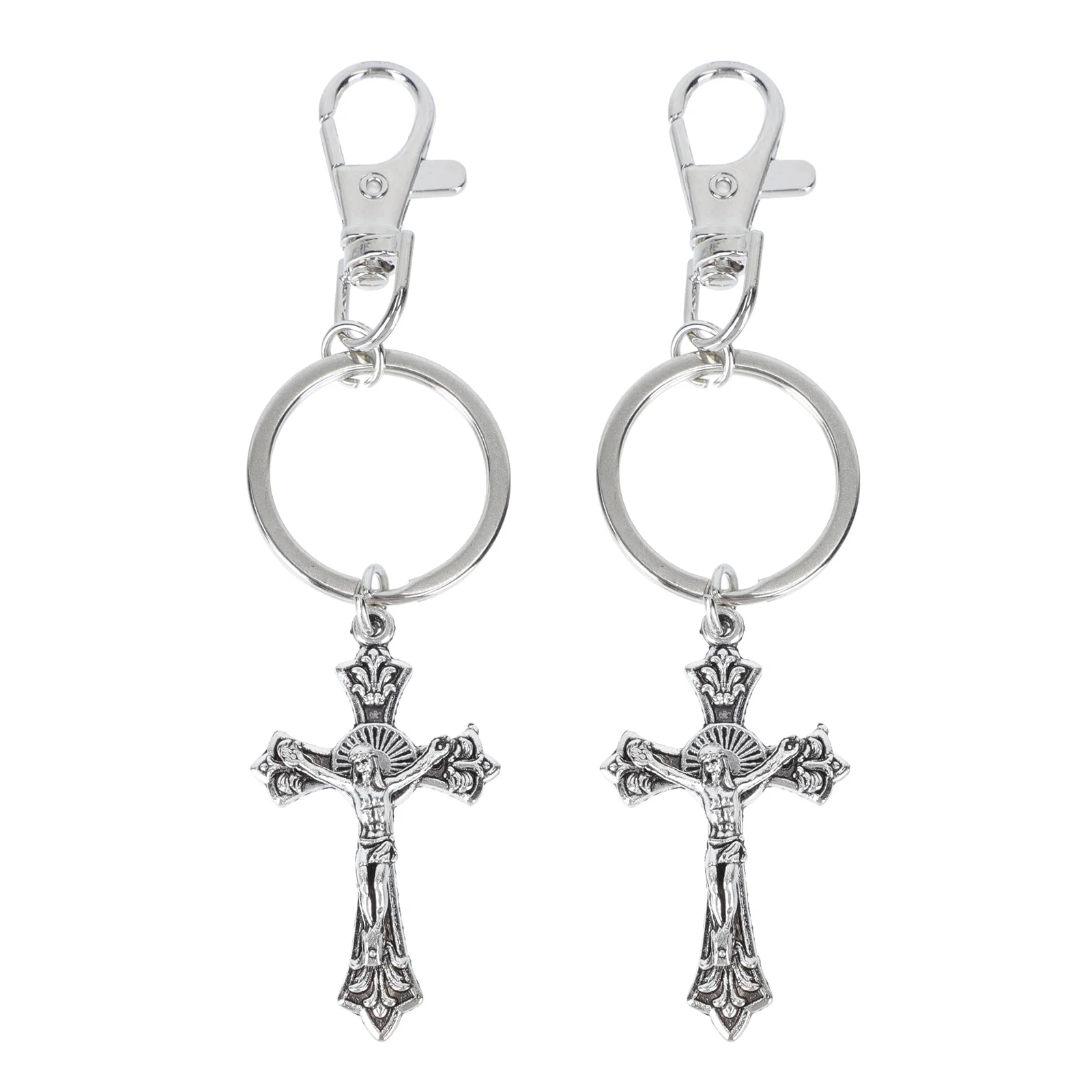 

6PCS Cross Keychain Religious Iron Crucifix Decorative Keyring Silver Jesus Pendant Hooks Fashionable Bag Charm