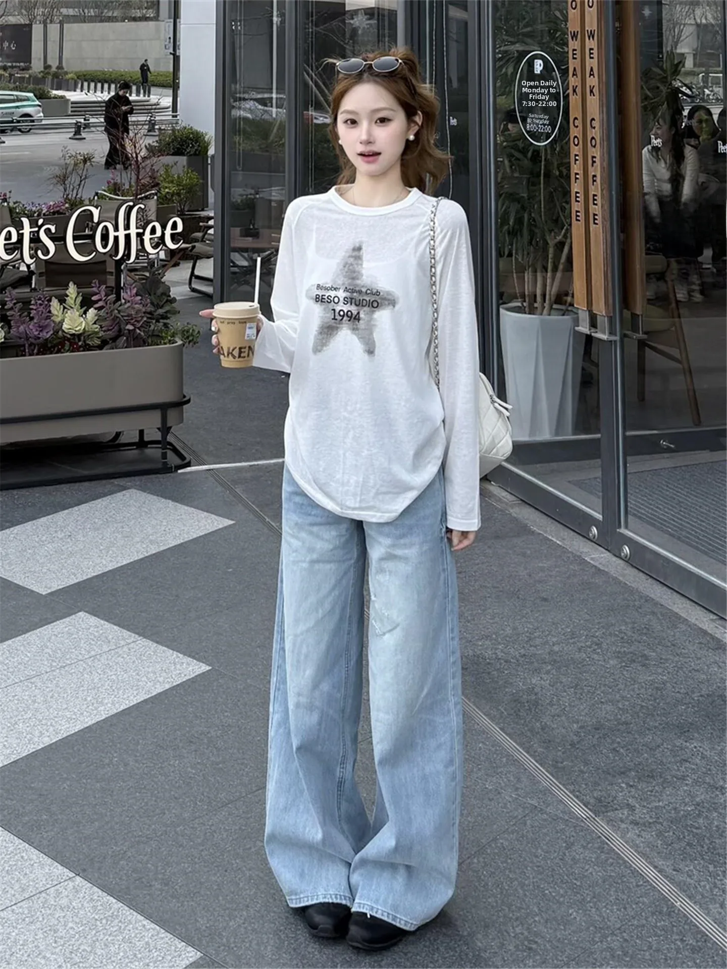 

American Street Style Light Blue mid Low Waist Ripped Wide Leg Jeans Women's Spring Summer Loose Slimming Ground Pants