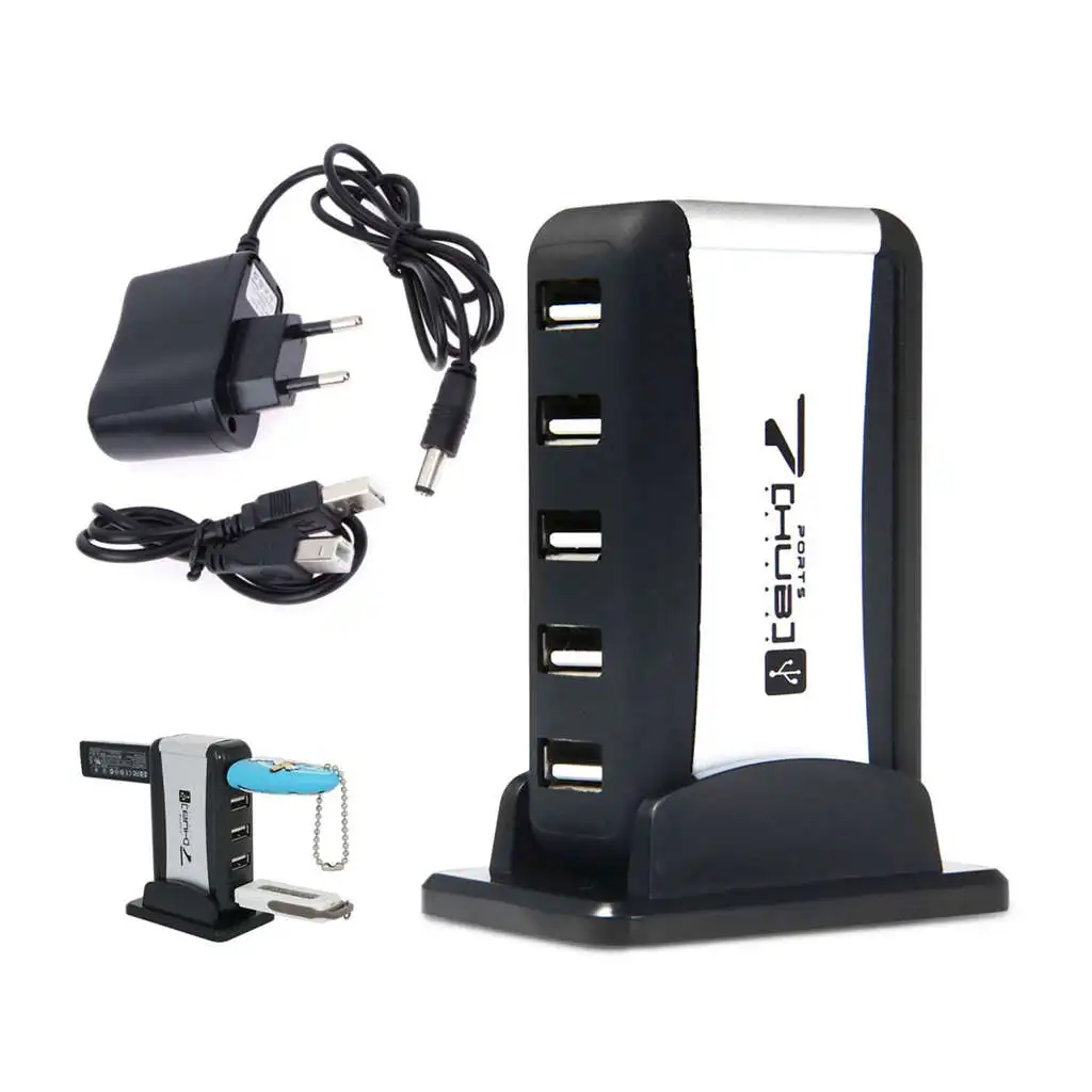 Eu Plug External Hub 7 Usb 2.0 Ports With Multi-Socket Power Supply Slot For Notebook Pc Mac