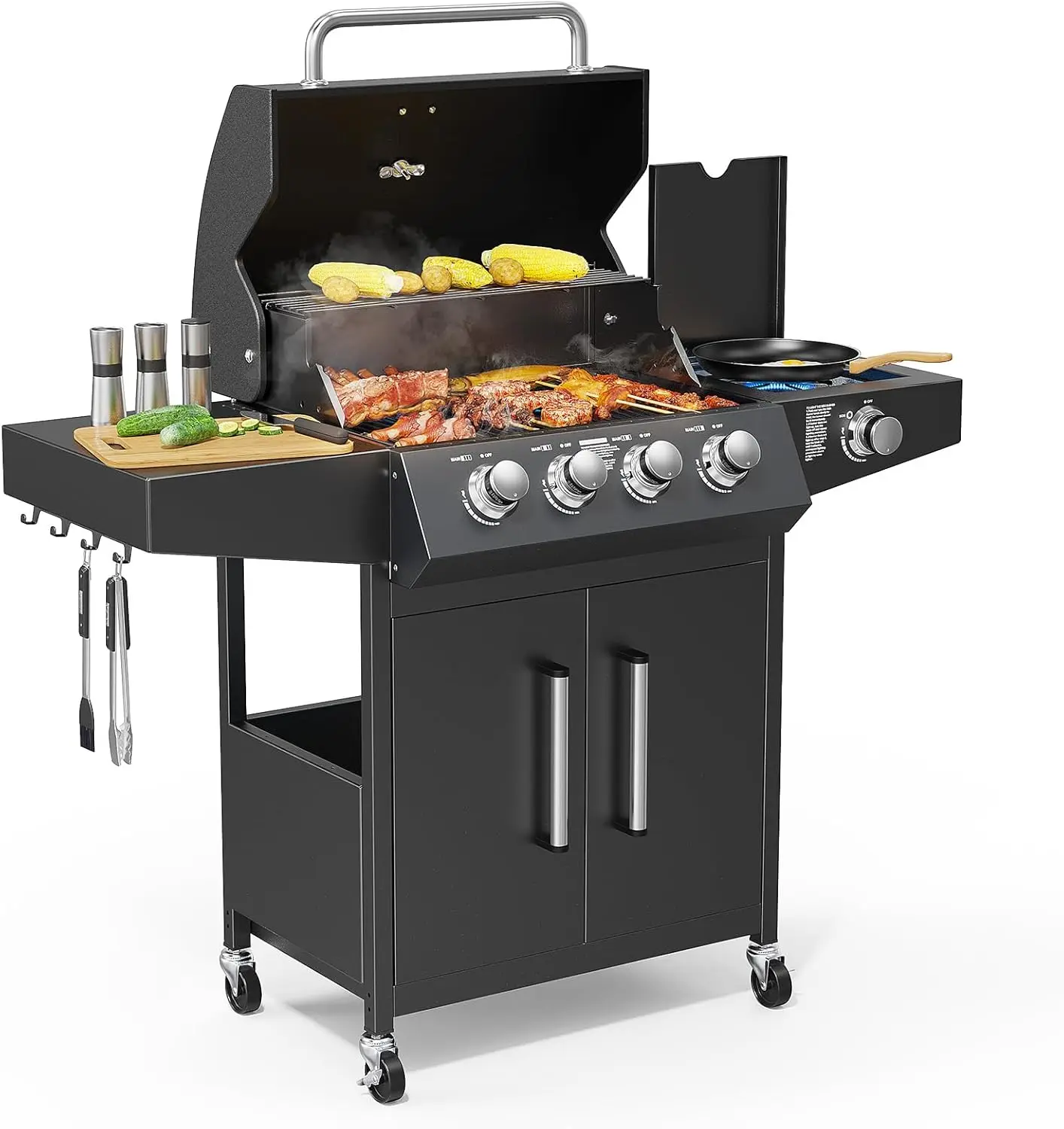 

ROVSUN 4 Burner Propane Gas Grill with Side Burner, 58,000BTU BBQ Grills with Enameled Cast Iron Grates, Shelf & Cabinet for Out