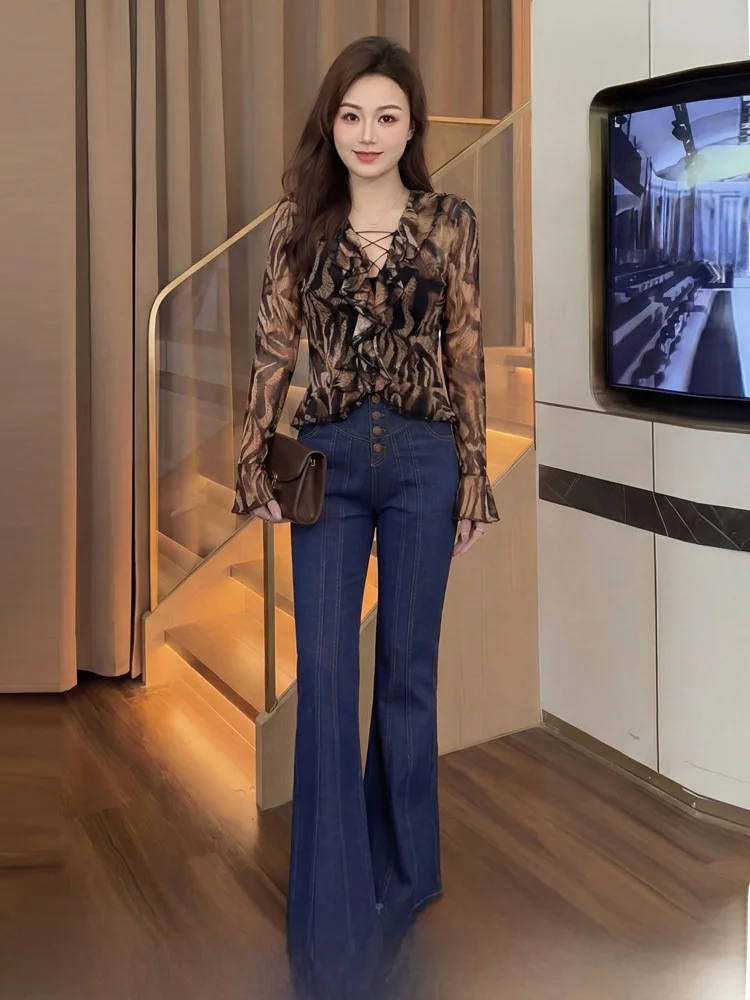

Retro Leopard Print Bell Bottom Jeans And Shirt Set plus Size Women's Summer Fashion Korean Style High Waist Long Sleeve V Neck