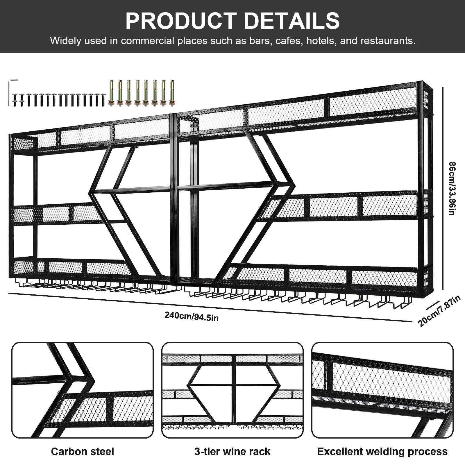 Home Bar Shelf - 3/4段壁掛けワイン棚、金属製吊り下げワインボトルディスプレイ棚、ガラスホルダー付き、キッチン、ダイニングルーム、家の装飾用