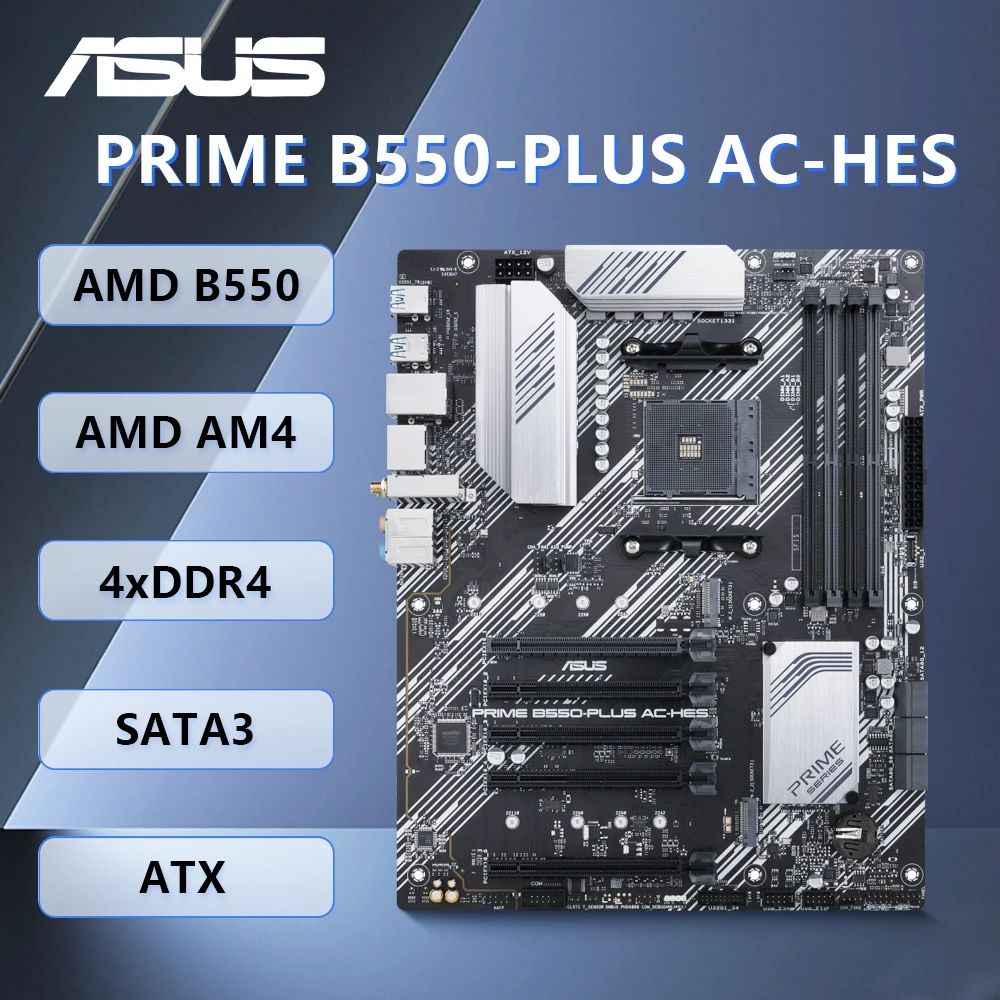 

ASUS PRIME B550-PLUS AC-HES B550 Motherboard Socket AM4 Main Chipset AMD B550 DDR4 128GB PCI-E 4.0 2×M.2 6×SATA III 1×RJ45 ATX.