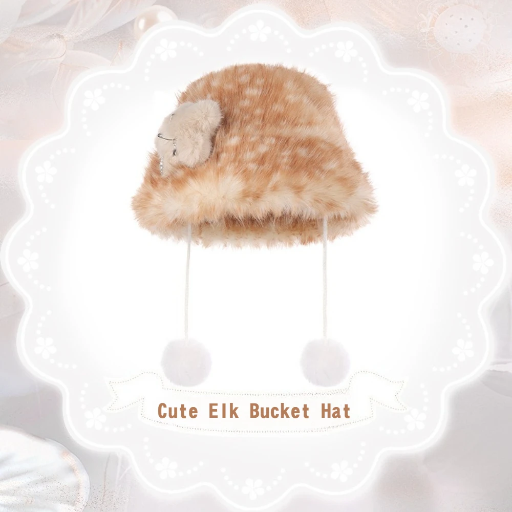 Cute Japanese Style Elk Pattern Women Tie Bucket Hat Winter Pom Pom Kawaii Warm Earflap Hat Outdoor Daily Christmas Party Hat