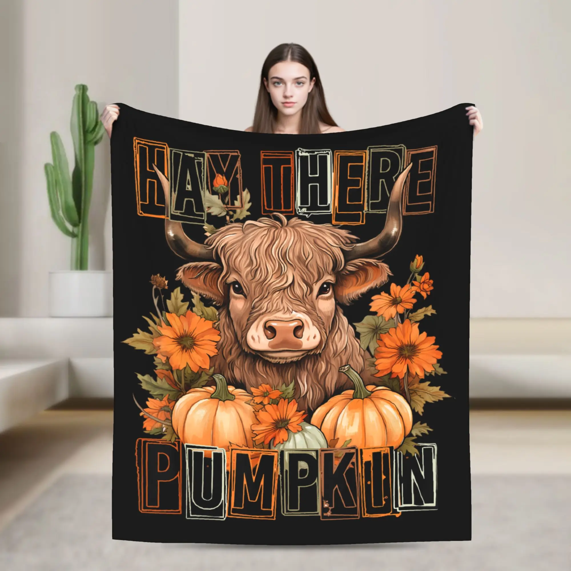Pumpkin Fall Halloween  Knitted Blankets Fleece Highland Cow Thanksgiving Lightweight Throw Blankets for Bedroom Sofa Bed Rug