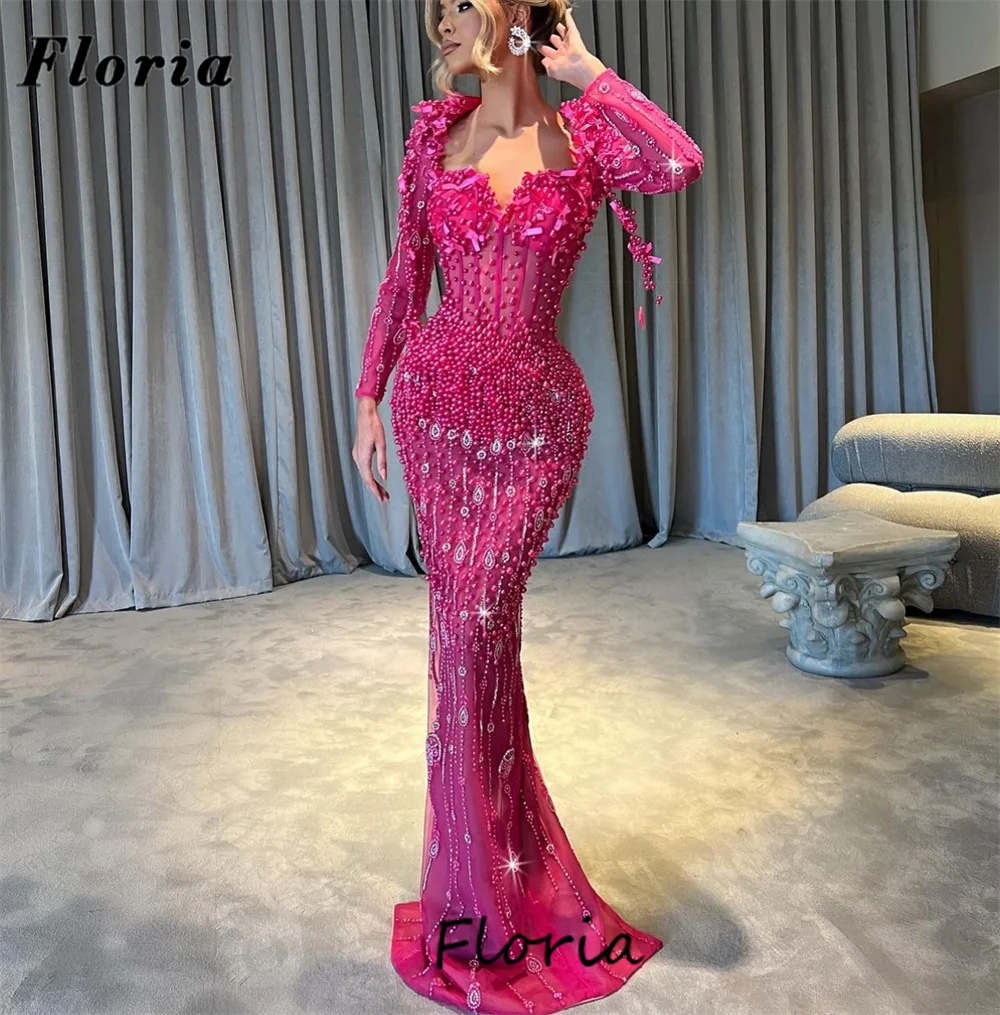 

Fuchsia Pearls Evening Dresses Full Beaded Crystals Pageant Cocktail Dress Kaftans Dubai Women Party Gowns Engagement Dress 2024