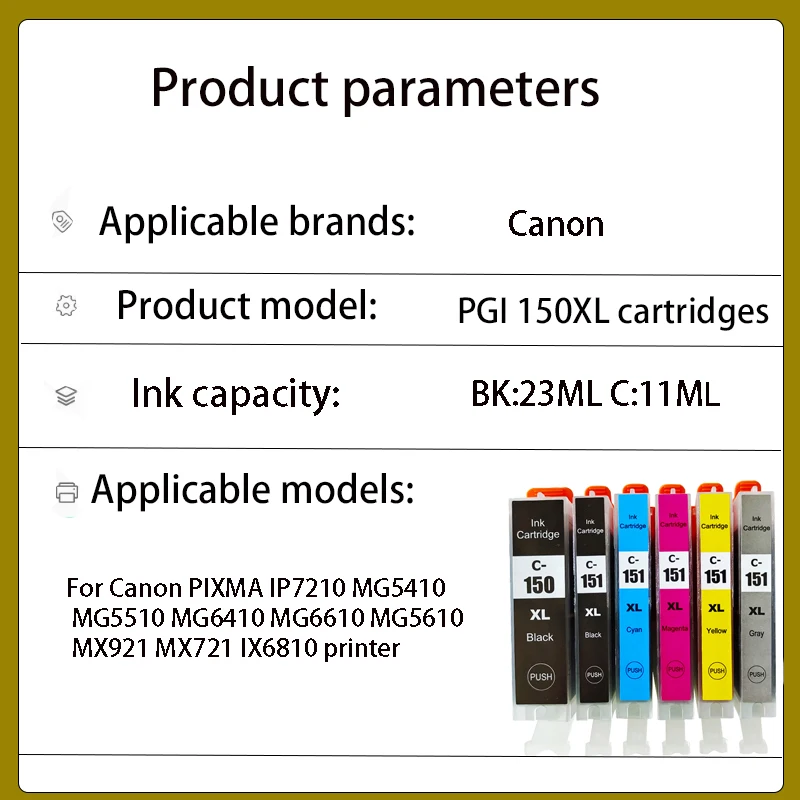 PGI150 CLI151 Compatible ink cartridge PGI 150 CLI 151 for Canon PIXMA MG7510 IP7210 iP8710 MX721 Ix6810 Printer