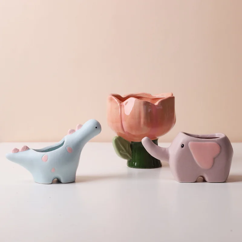 Cute Dinosaur Elephant Ceramic Planter Set With Balloon Ornament Mini Succulent Air Plant Pot Desktop