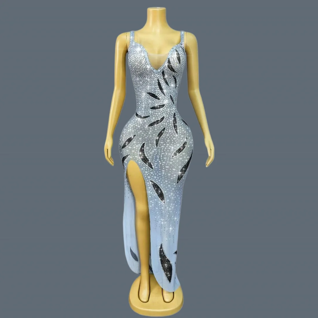 

Sparkly Full Rhinestone Long Dress Elegant Formal Event Low-cut Evening Dress Prom Women High Side Slits Sexy Outfit Daoxiaomian