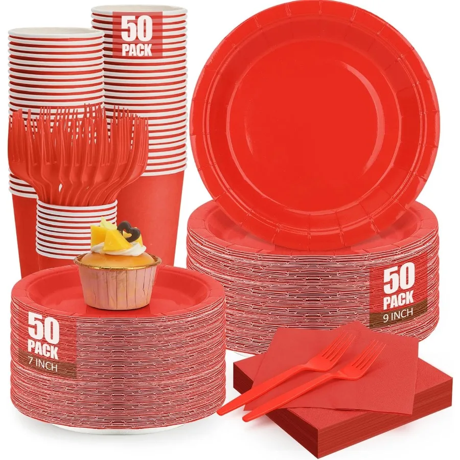 

250 шт. красные бумажные тарелки и салфетки для вечеринок включают 9 одноразовых красных тарелок для вечеринок, 7 десертных тарелок, чашки, салфетки, набор вилок