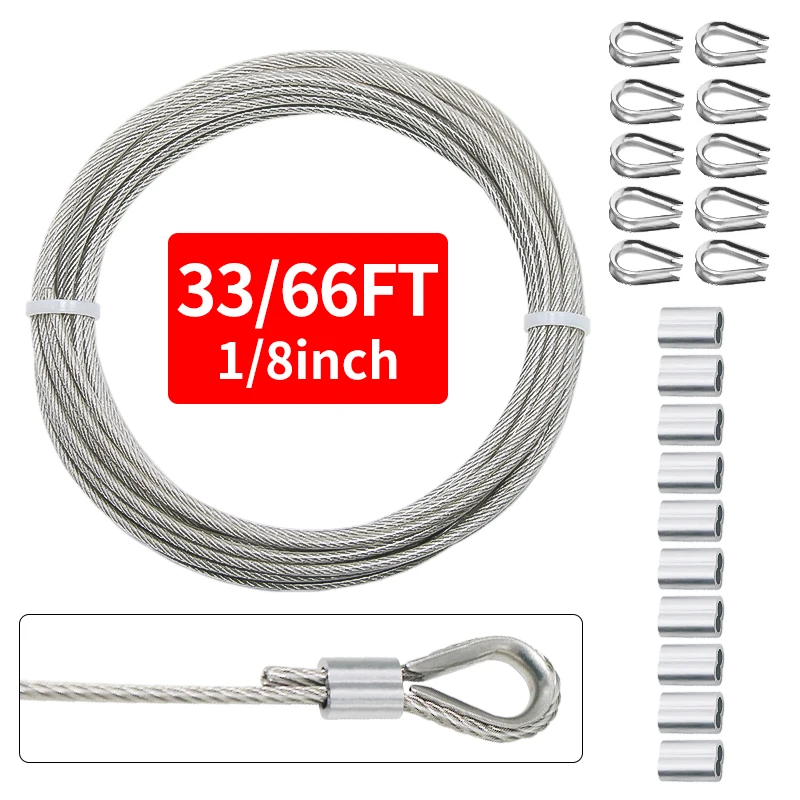 

33/66FT sunshade sail wire rope kit 3mm heavy-duty stainless steel clothesline, PVC coated