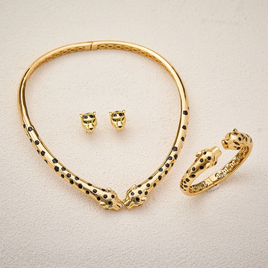 AY Luxury Fashion Jewelry Set Drop Black Oil Two-head Leopard Choker Necklace Bangle For Women Wedding Party Jewelry Gift