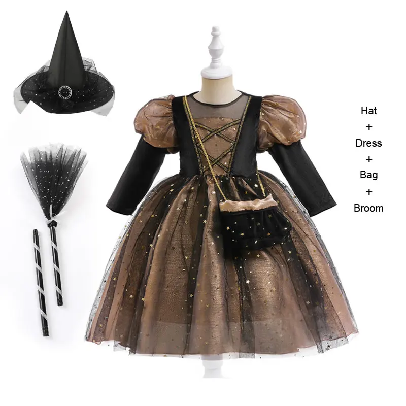 Halloween Costume For Girl Lace TUTU Dress Christmas Kid Bow Tunic+Headband+Hat+Bag+Broom 4pcs Set Child Frock Cloth